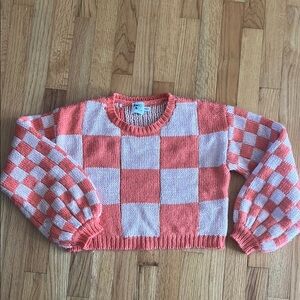 Checkerboard Knit Sweater - Coral and White